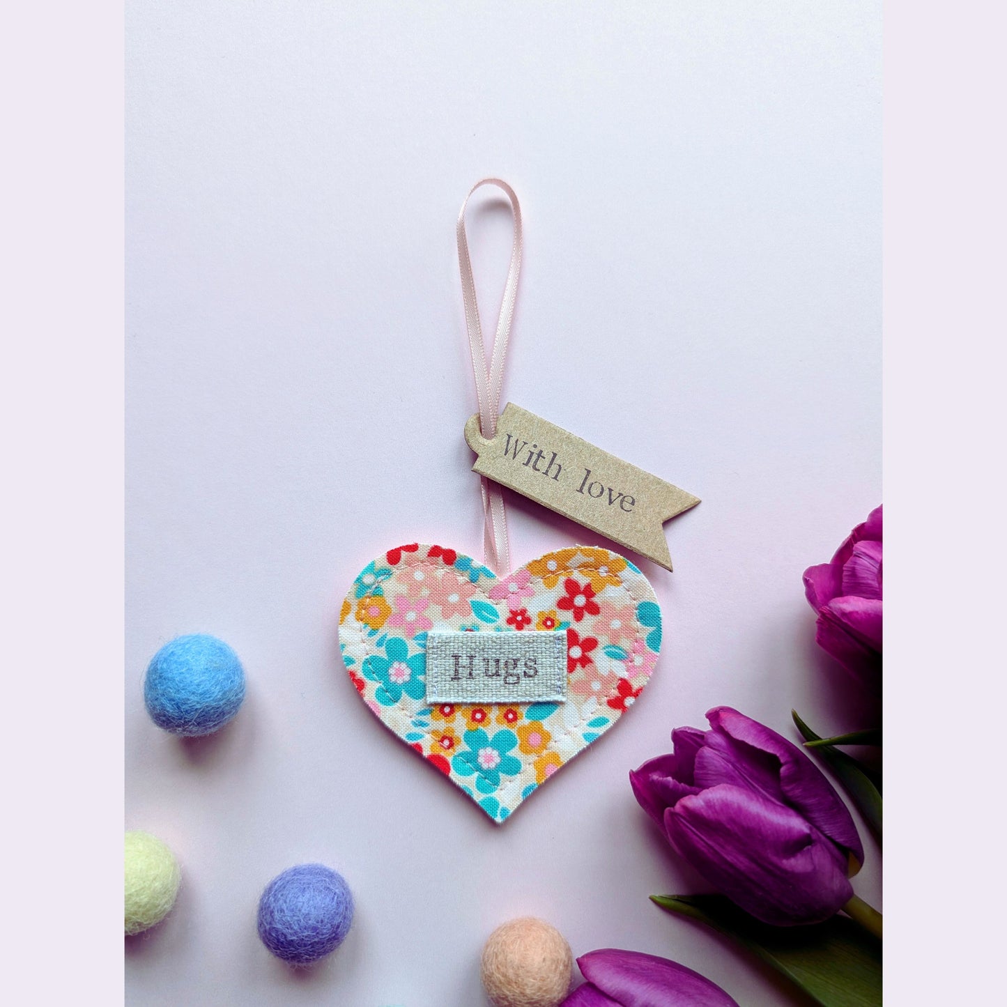'Hugs' Hanging Heart Decoration with Recycled Plantable Wildflower Seed Backing Card - Pink and Turquoise