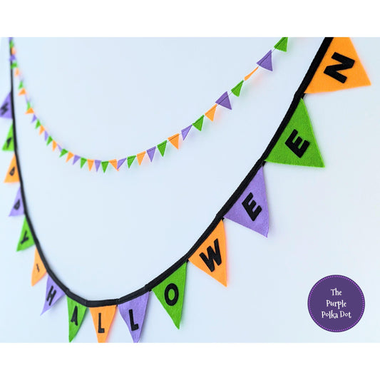 Happy Halloween felt bunting in Halloween colours with black felt lettering