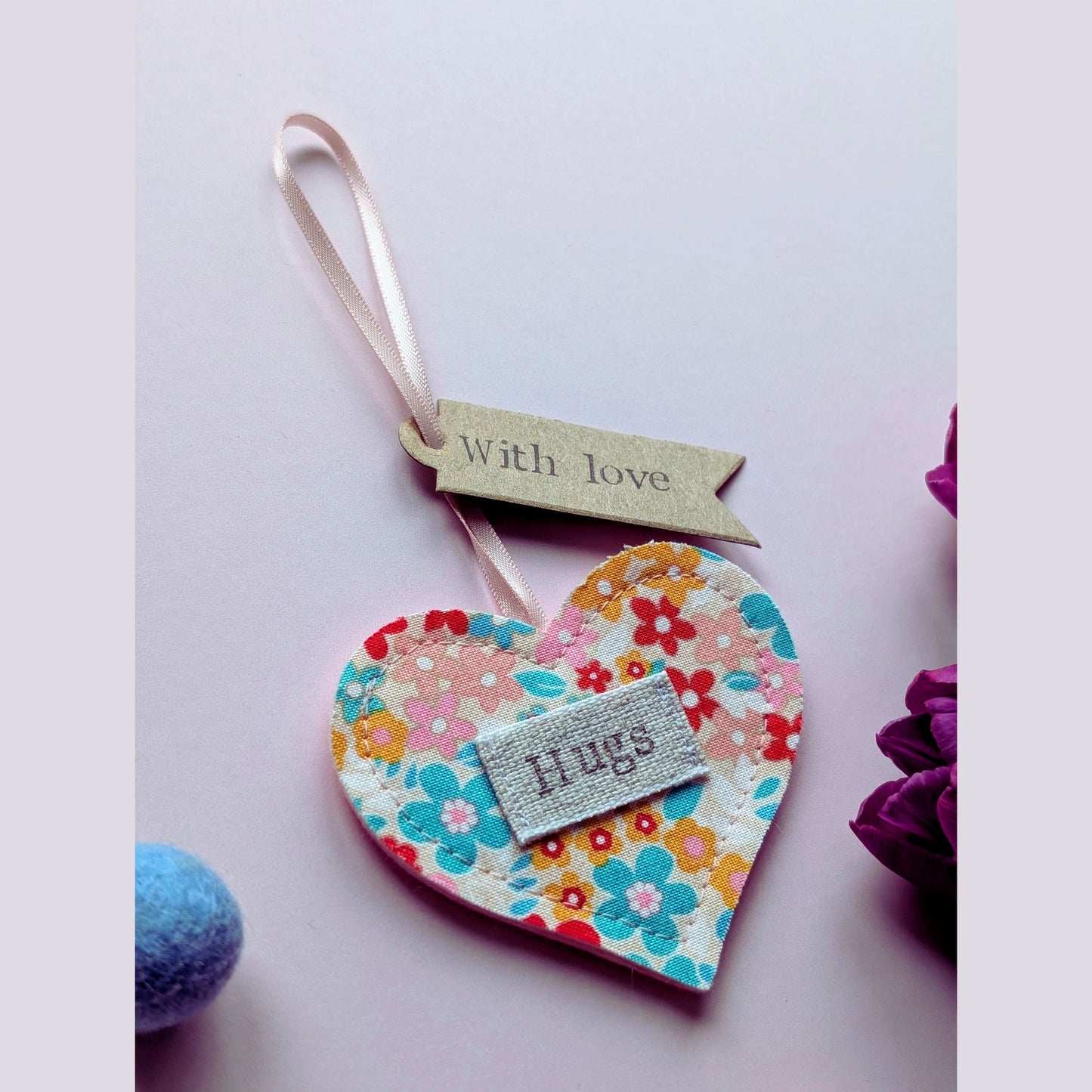 'Hugs' Hanging Heart Decoration with Recycled Plantable Wildflower Seed Backing Card - Pink and Turquoise