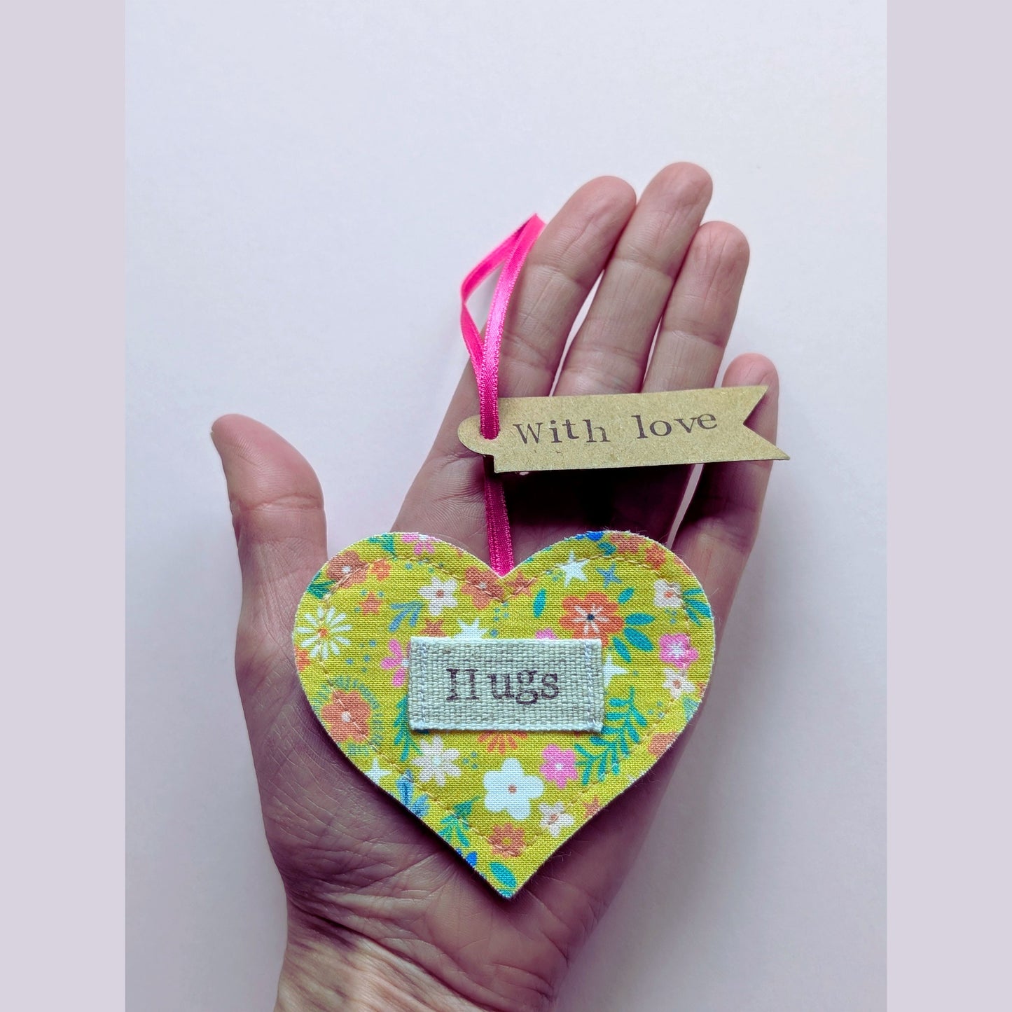 'Hugs' Hanging Heart Decoration with Recycled Plantable Wildflower Seed Backing Card - Yellow floral
