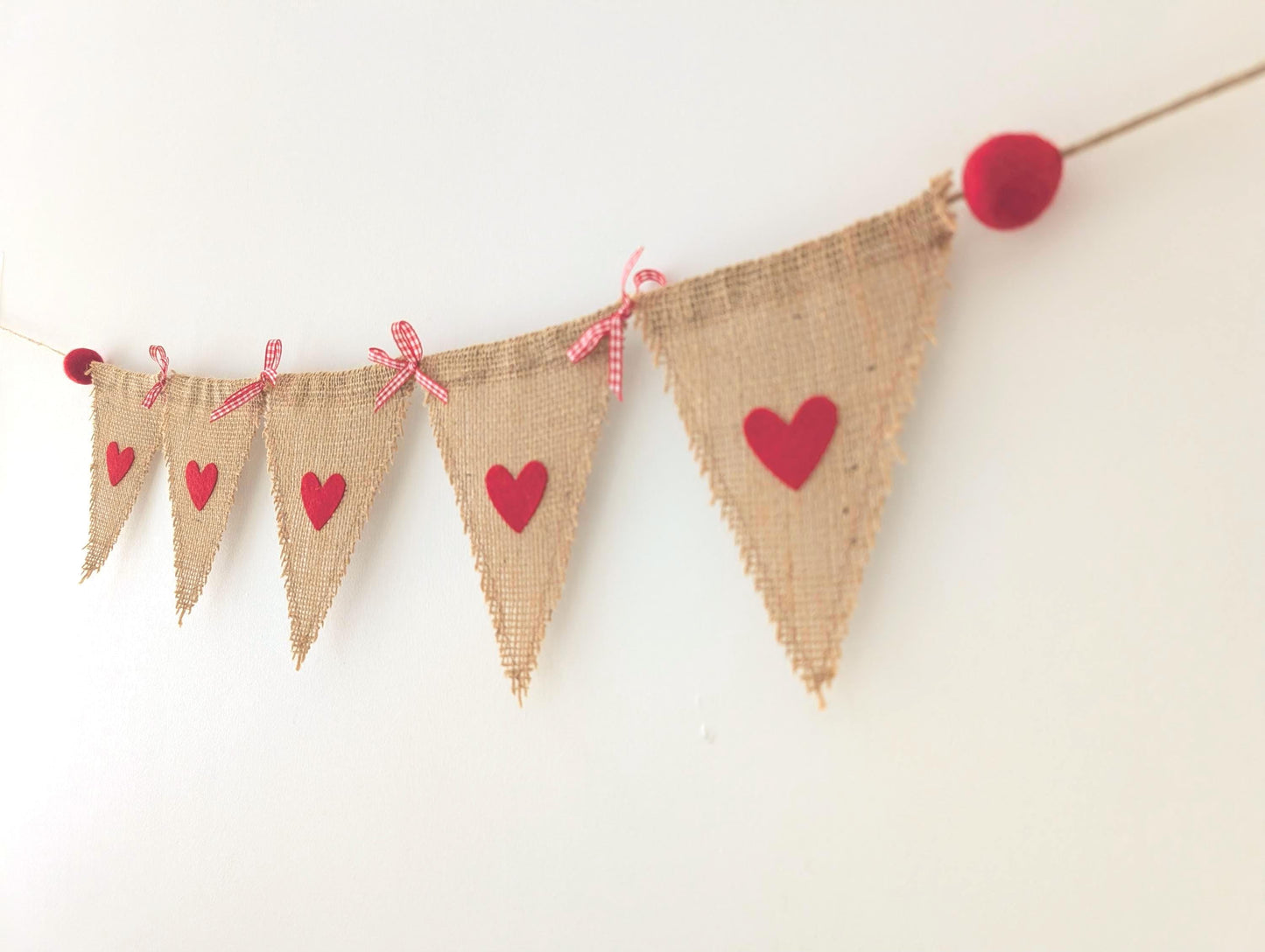 Hessian bunting with felt hearts, felt balls and bows: rustic burlap banner in red