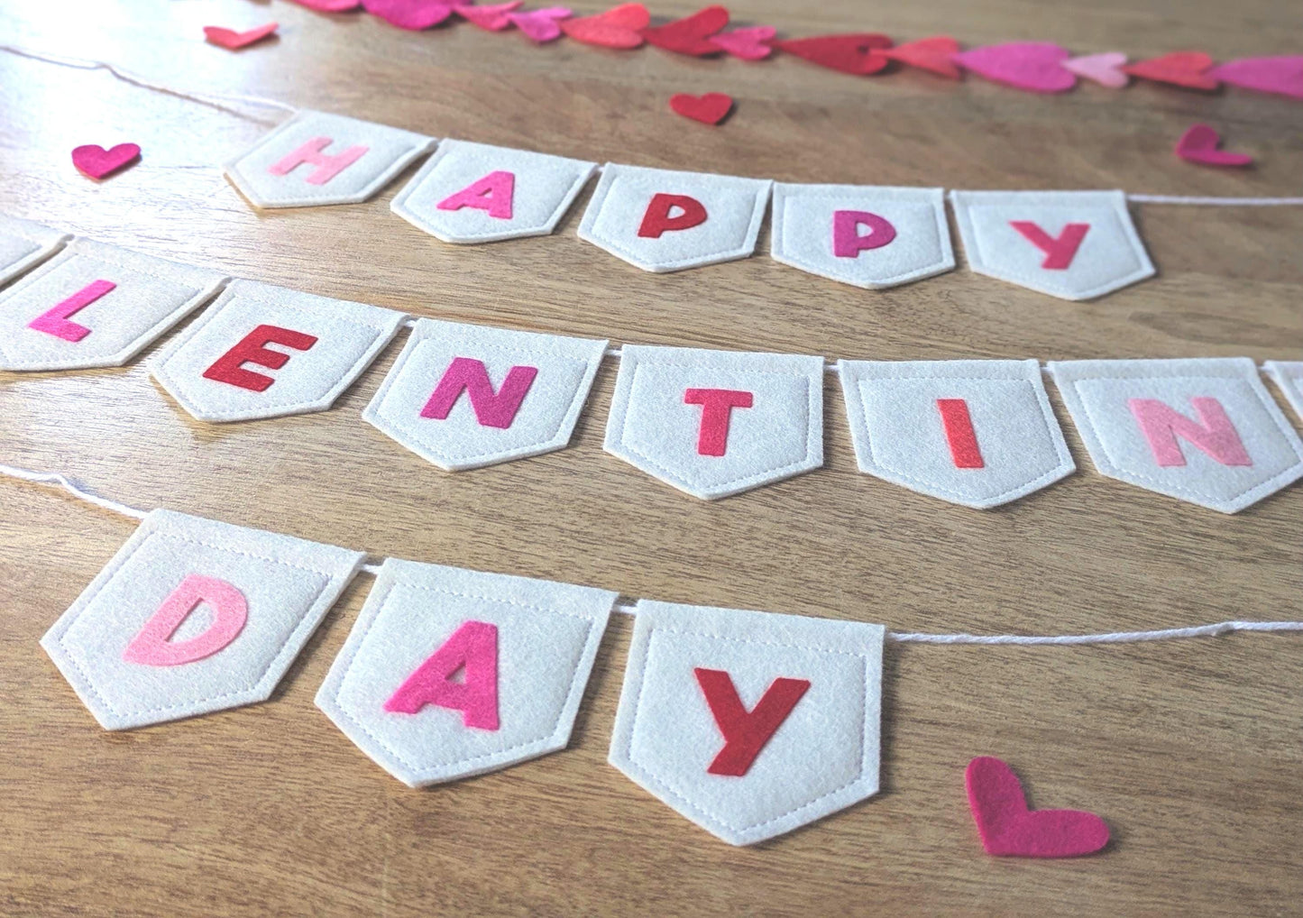 Felt Valentine's Day Banner: Handmade off-white bunting with pink and red lettering