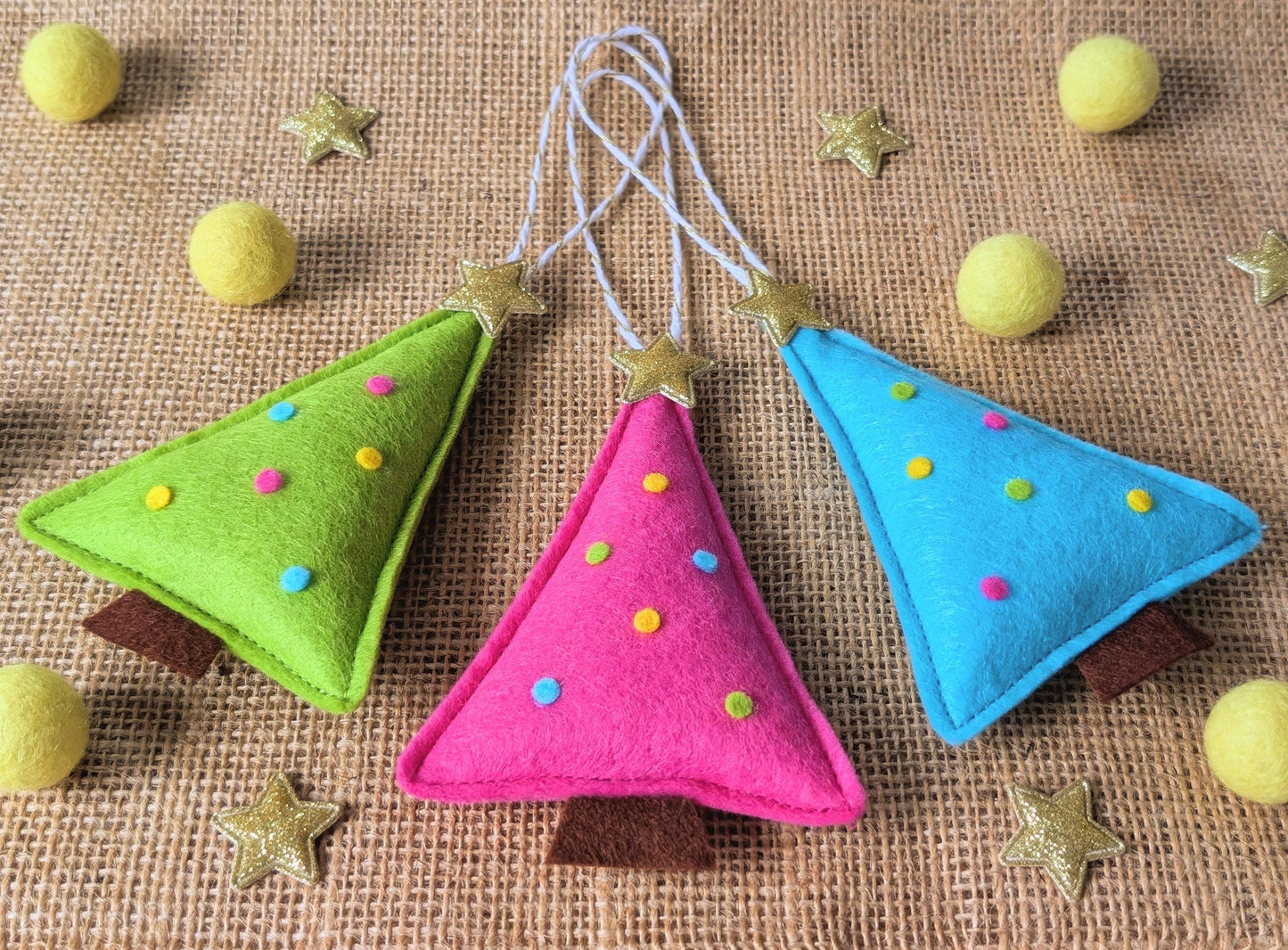 Felt Christmas Tree Hanging Decorations: Pink, green and turquoise