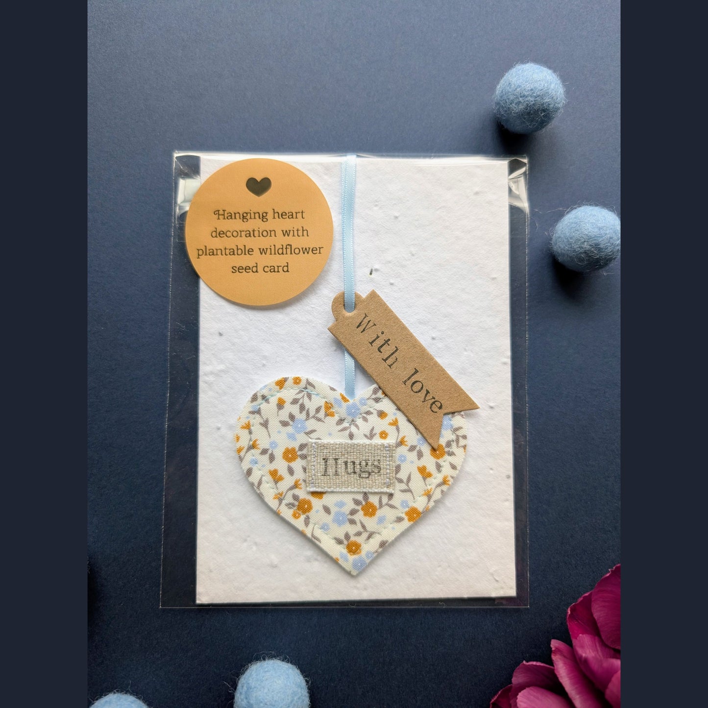 'Hugs' Hanging Decoration with Recycled Plantable Wildflower Seed Backing Card - Blue and Ochre Floral