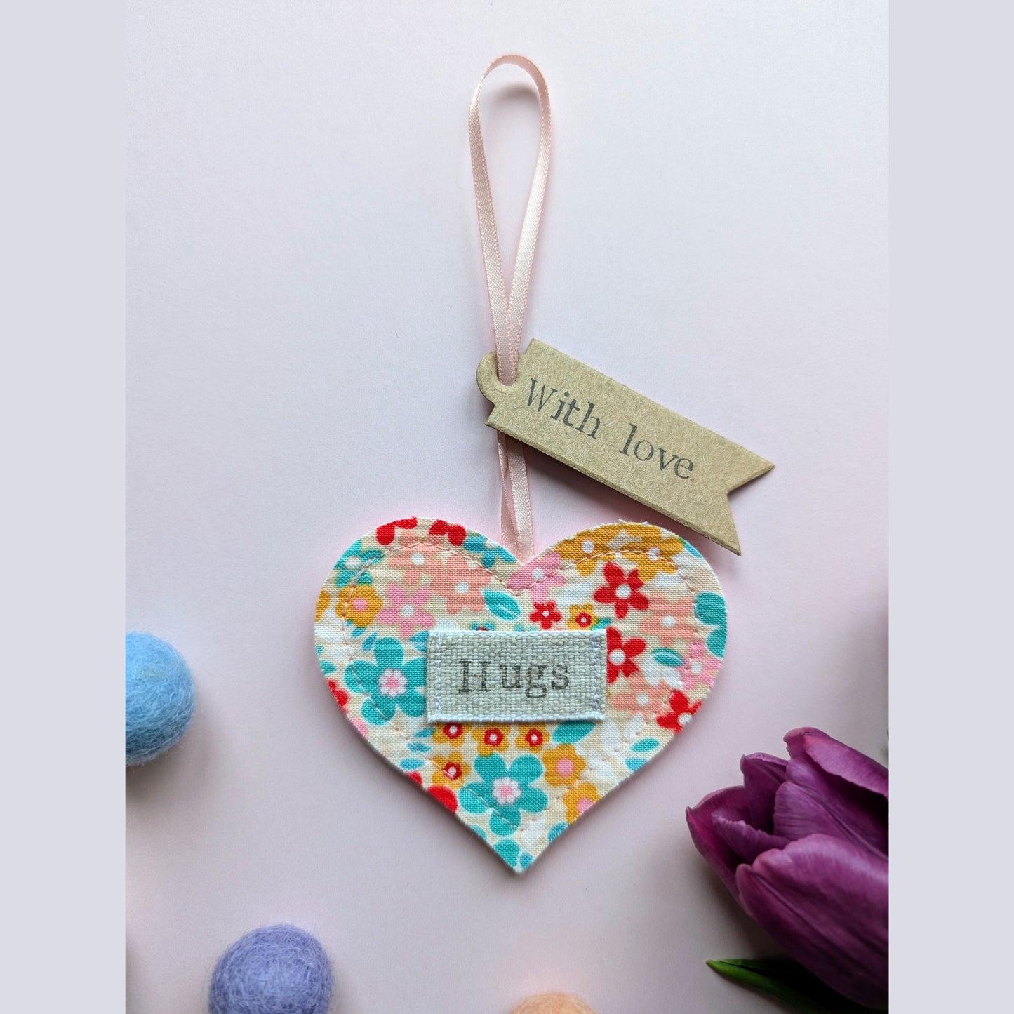 'Hugs' Hanging Heart Decoration with Recycled Plantable Wildflower Seed Backing Card - Pink and Turquoise