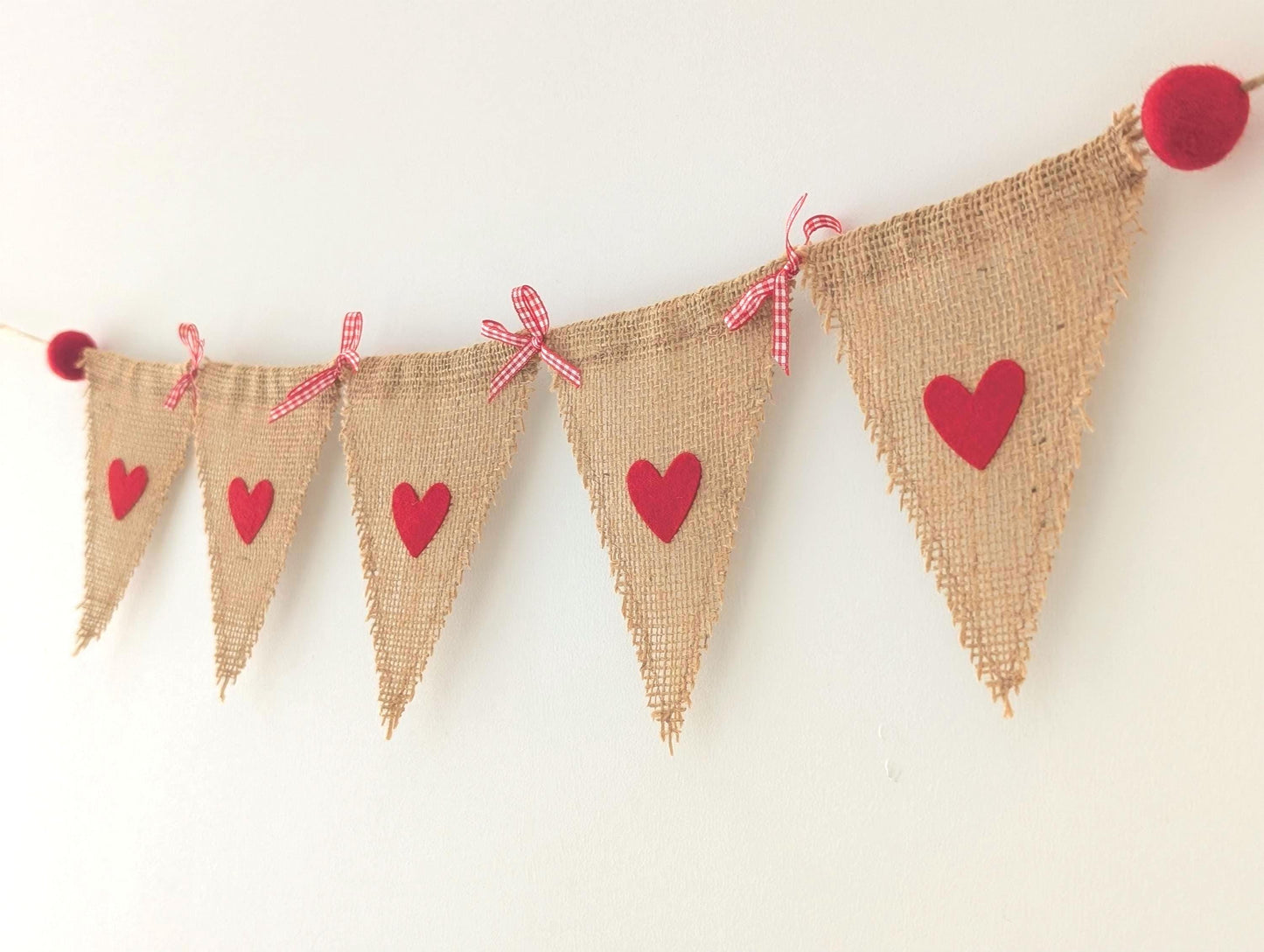 Hessian bunting with felt hearts, felt balls and bows: rustic burlap banner in red