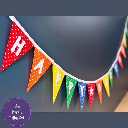 Felt happy birthday banner, fabric rainbow party banner, bright material celebration garland, birthday sign for all ages and all genders