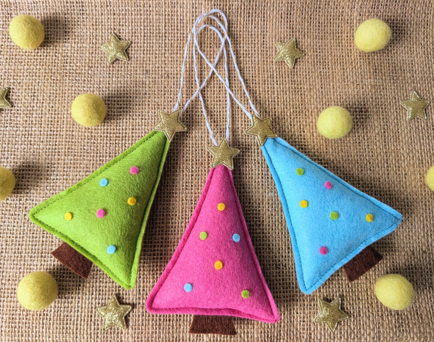 Felt Christmas Tree Hanging Decorations: Pink, green and turquoise