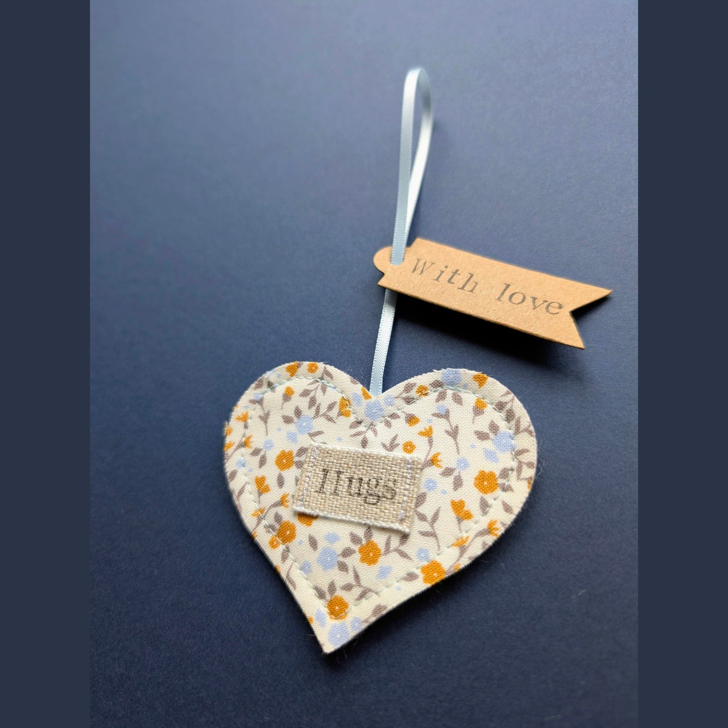 'Hugs' Hanging Decoration with Recycled Plantable Wildflower Seed Backing Card - Blue and Ochre Floral