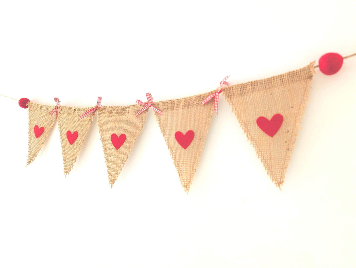 Hessian bunting with felt hearts, felt balls and bows: rustic burlap banner in red