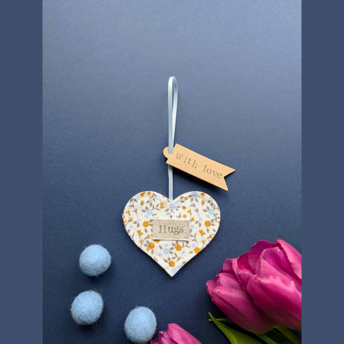 'Hugs' Hanging Decoration with Recycled Plantable Wildflower Seed Backing Card - Blue and Ochre Floral