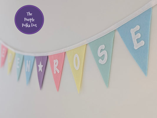 Custom personalised rainbow pastel felt bunting with large die-cut lettering