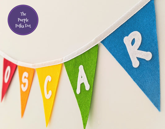Custom personalised rainbow felt bunting with large die-cut lettering