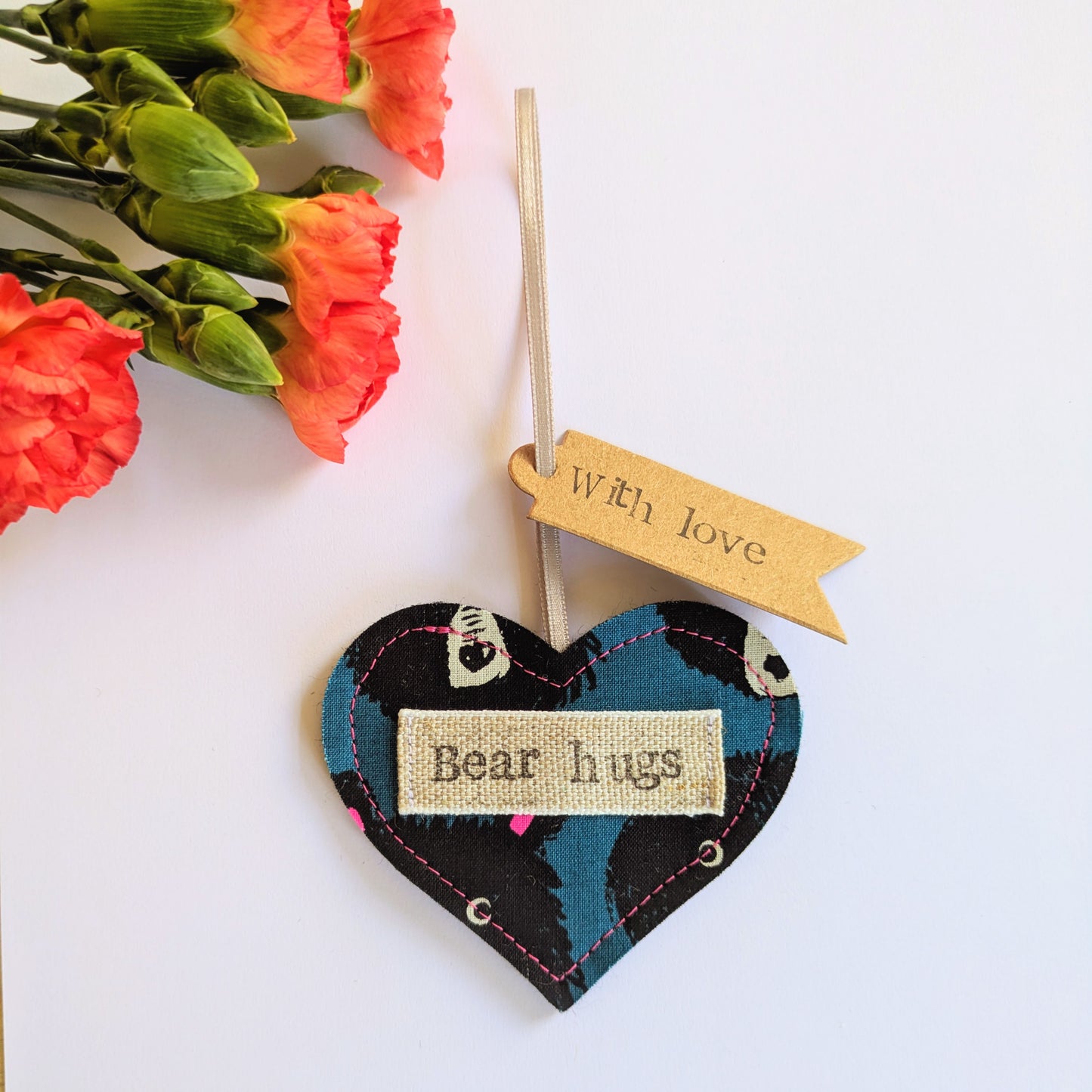 'Bear hugs' Hanging Heart Decoration with Plantable Wildflower Seed Backing Card