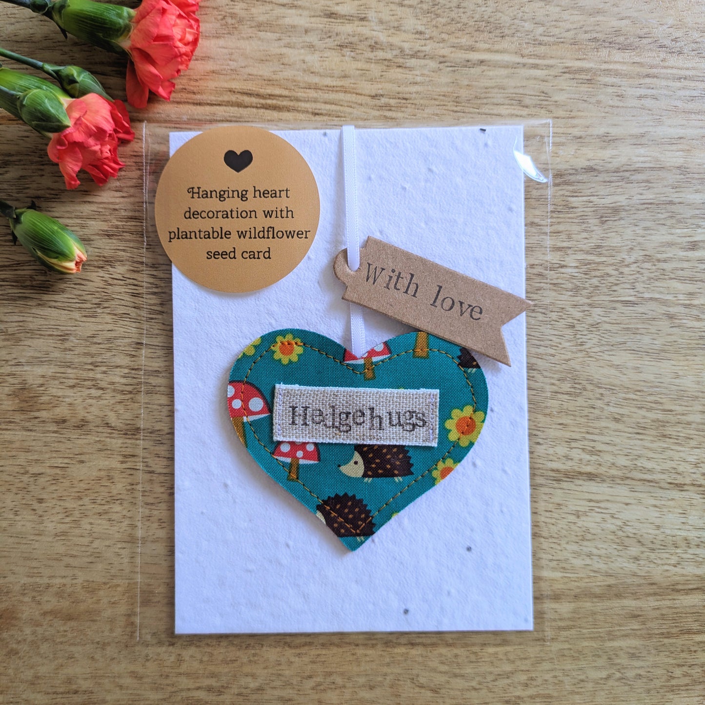 'Hedgehugs' Hanging Heart Decoration with Plantable Wildflower Seed Backing Card