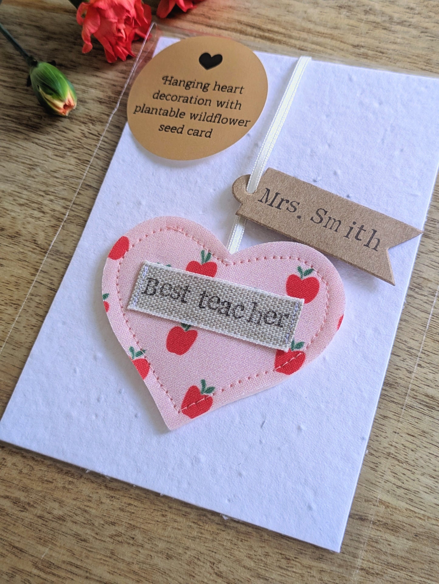 'Best Teacher' Personalised Hanging Heart Decoration with Plantable Wildflower Seed Backing Card