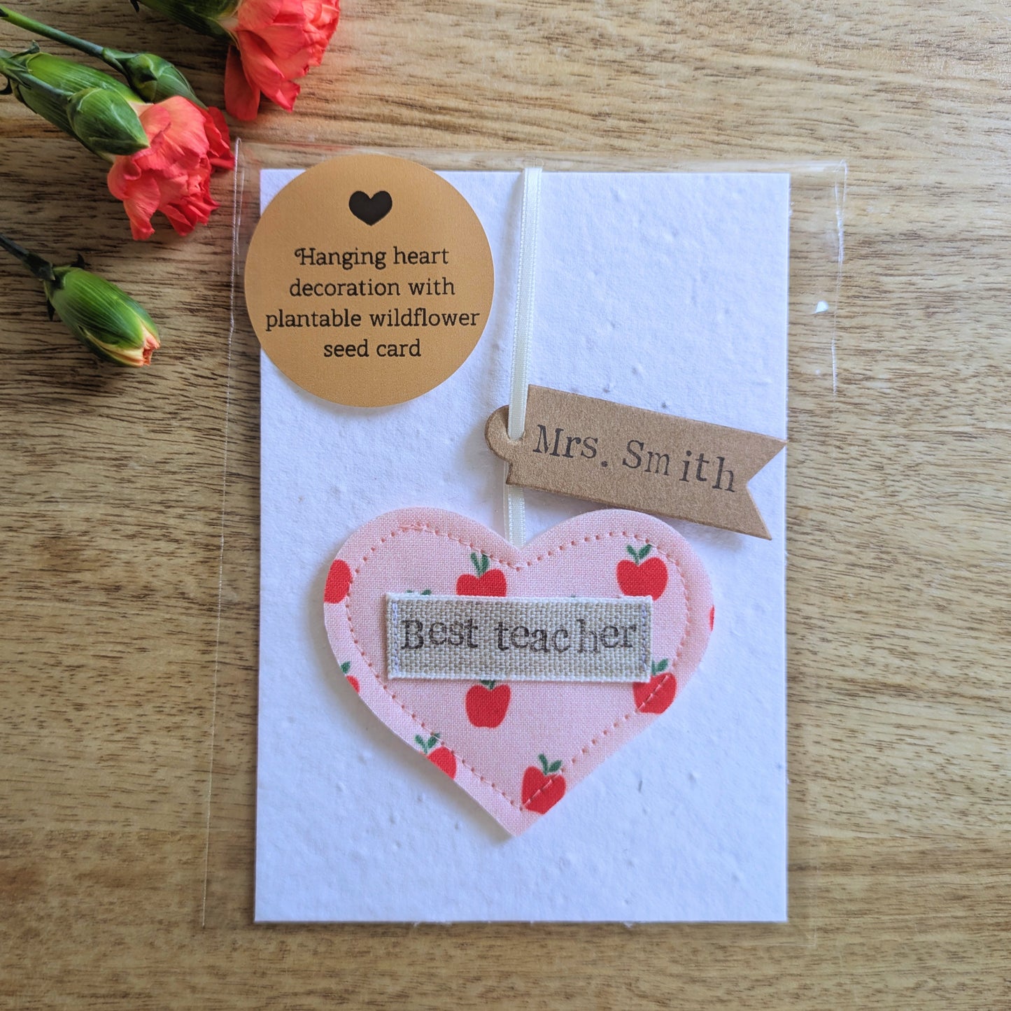 'Best Teacher' Personalised Hanging Heart Decoration with Plantable Wildflower Seed Backing Card
