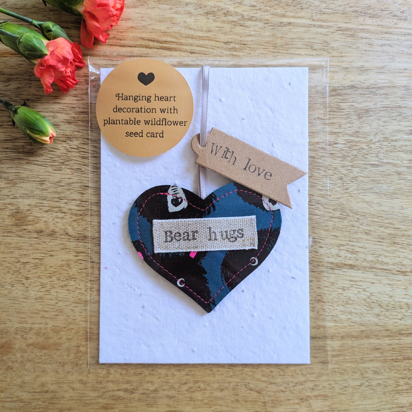 'Bear hugs' Hanging Heart Decoration with Plantable Wildflower Seed Backing Card