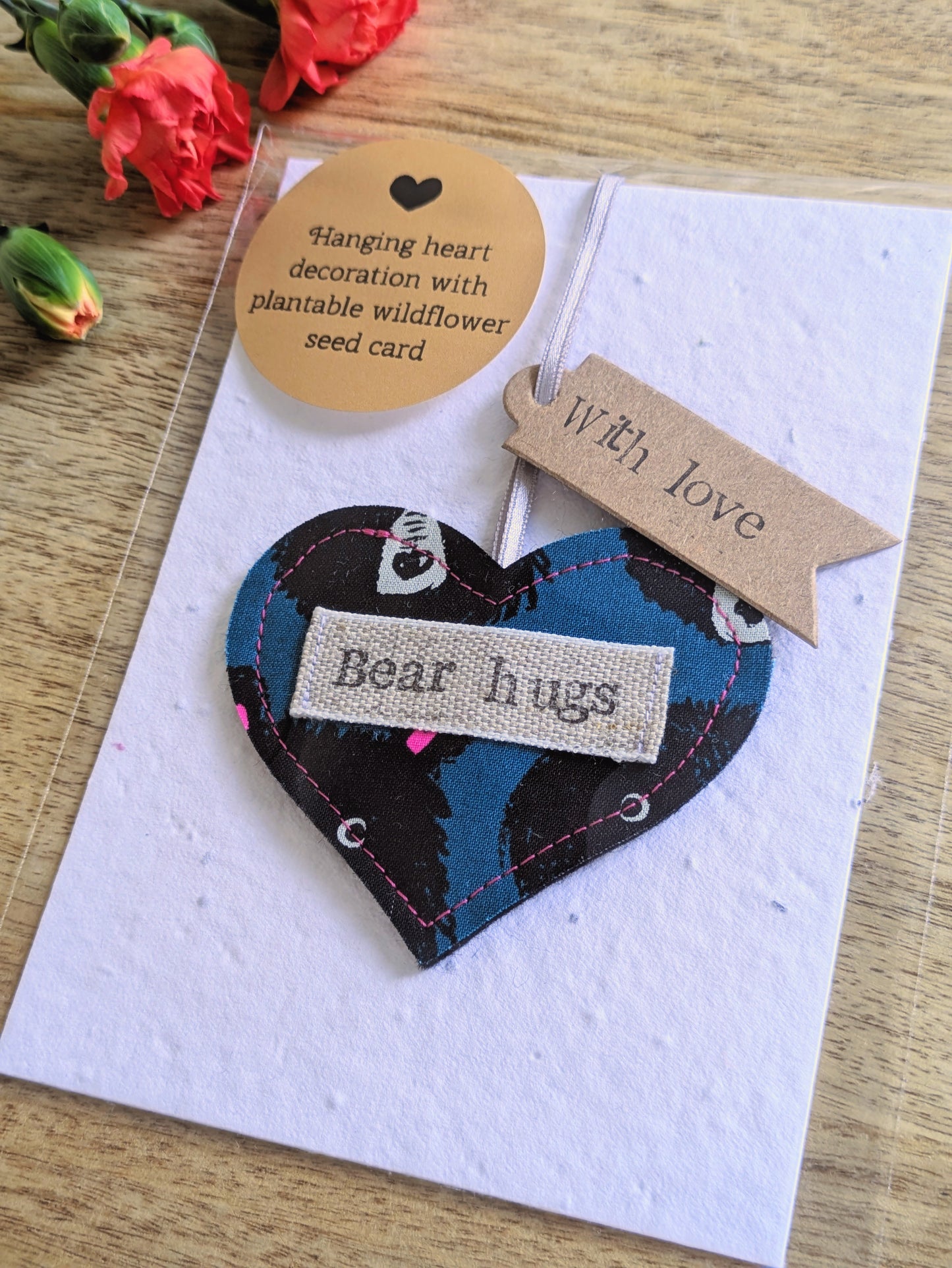 'Bear hugs' Hanging Heart Decoration with Plantable Wildflower Seed Backing Card