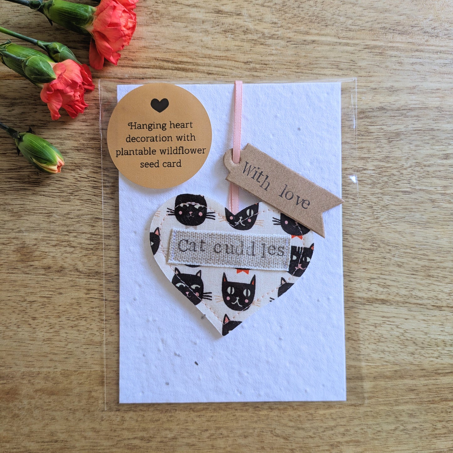 'Cat Cuddles' Hanging Heart Decoration with Plantable Wildflower Seed Backing Card