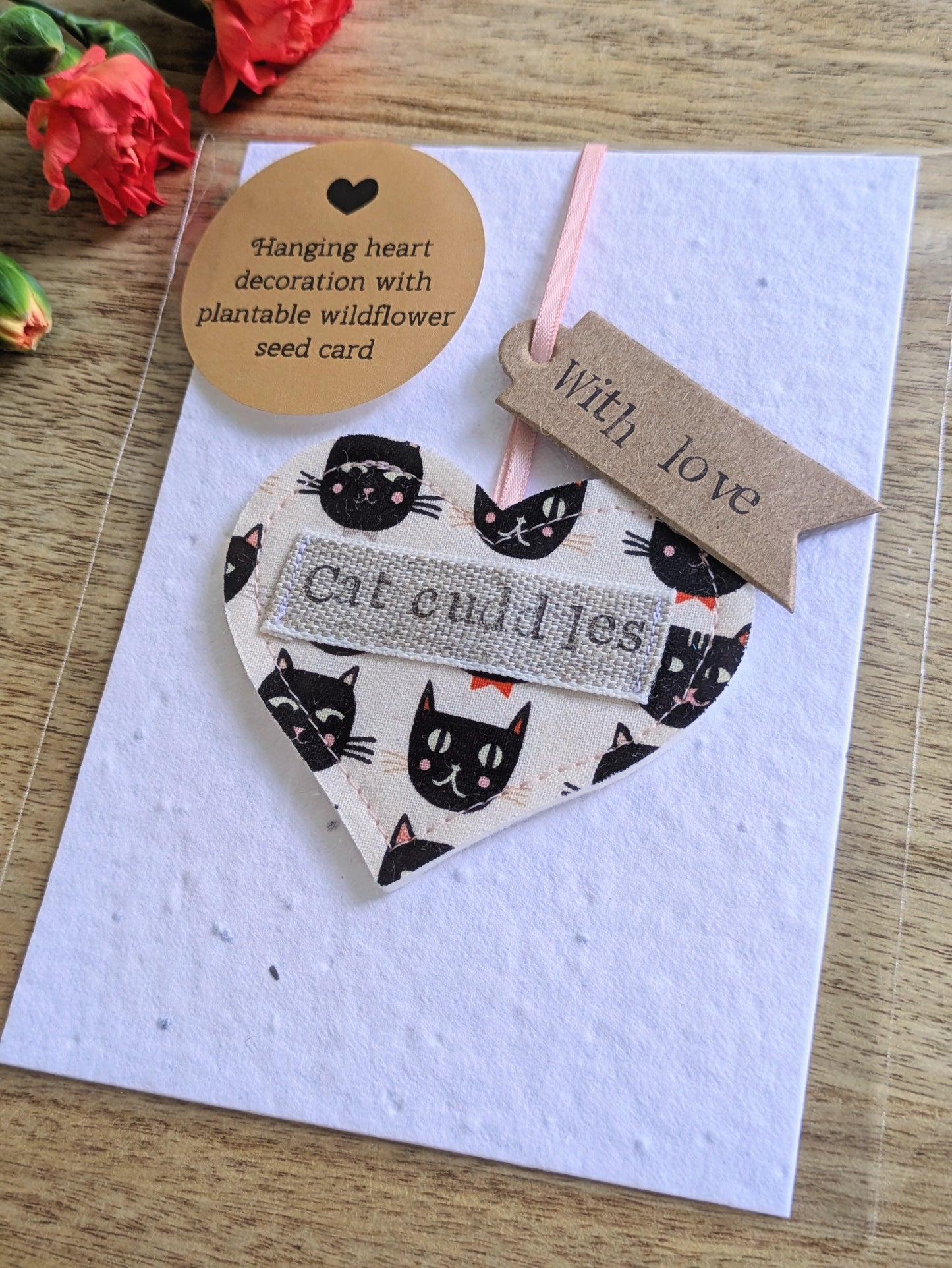 'Cat Cuddles' Hanging Heart Decoration with Plantable Wildflower Seed Backing Card