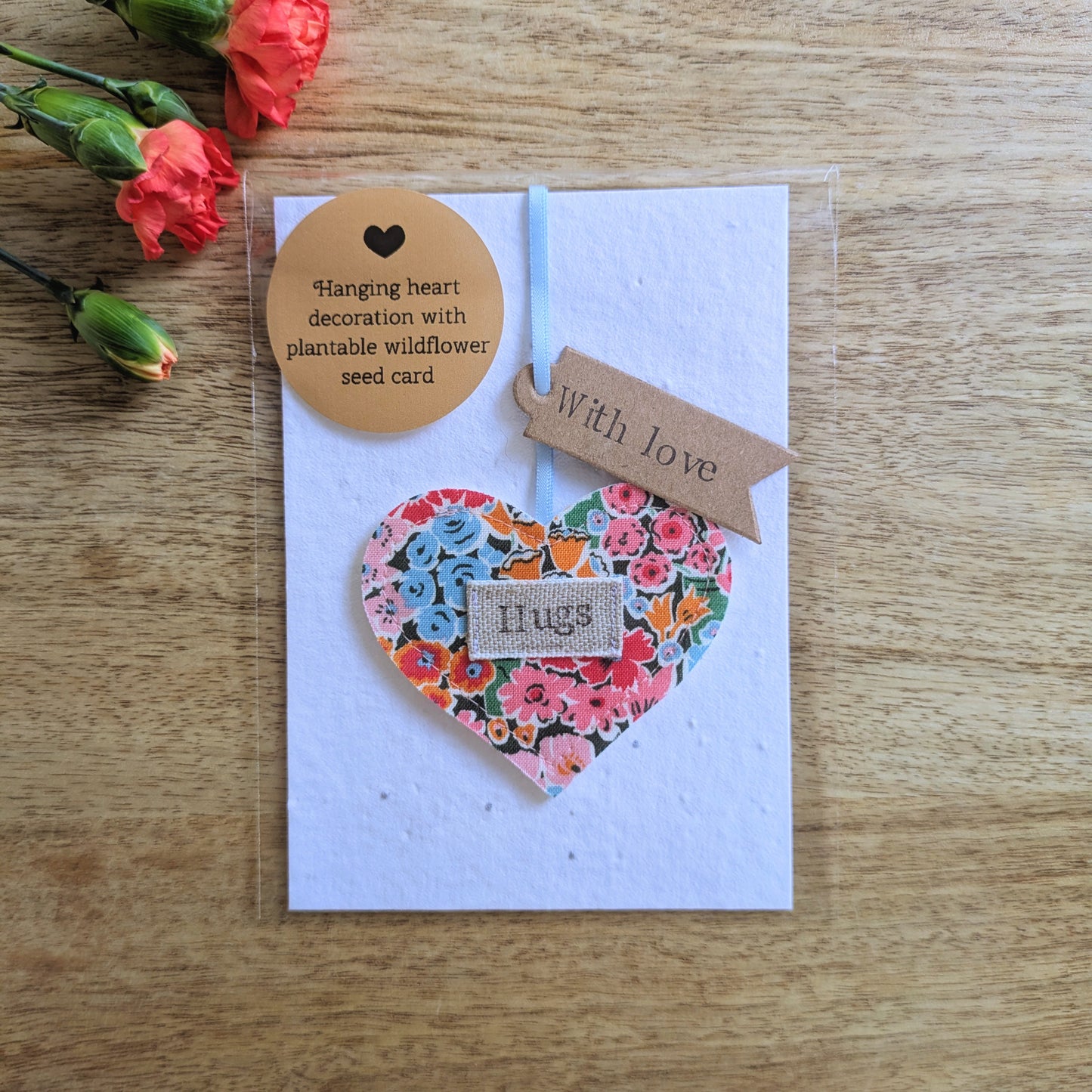 'Hugs Hanging Heart Decoration with Plantable Wildflower Seed Backing Card - Multi Floral