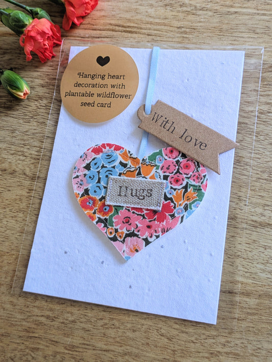 'Hugs Hanging Heart Decoration with Plantable Wildflower Seed Backing Card - Multi Floral