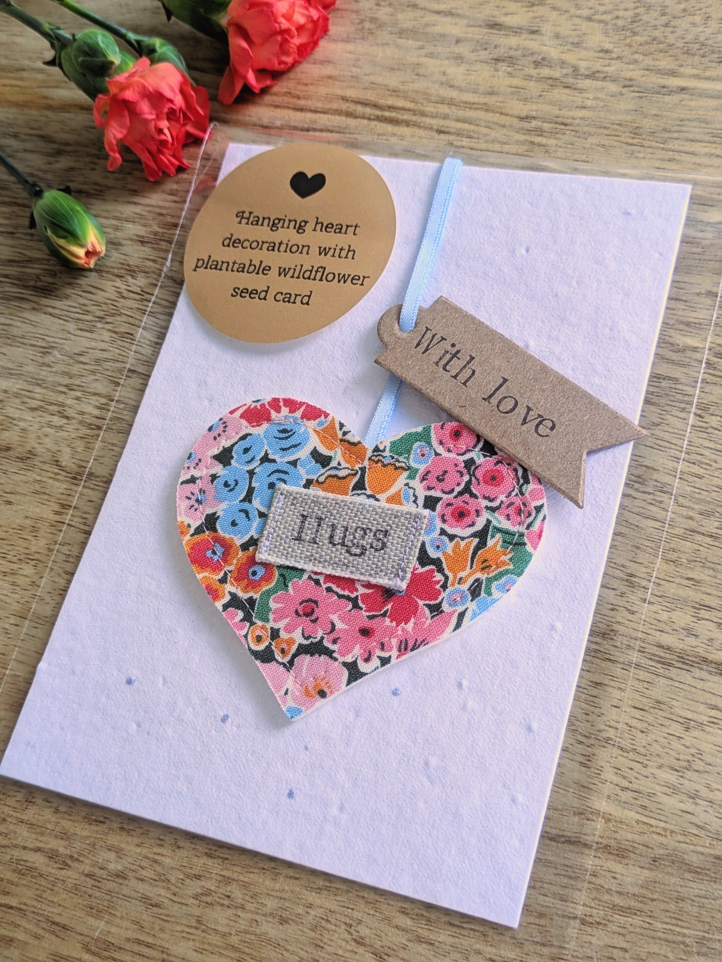 'Hugs Hanging Heart Decoration with Plantable Wildflower Seed Backing Card - Multi Floral