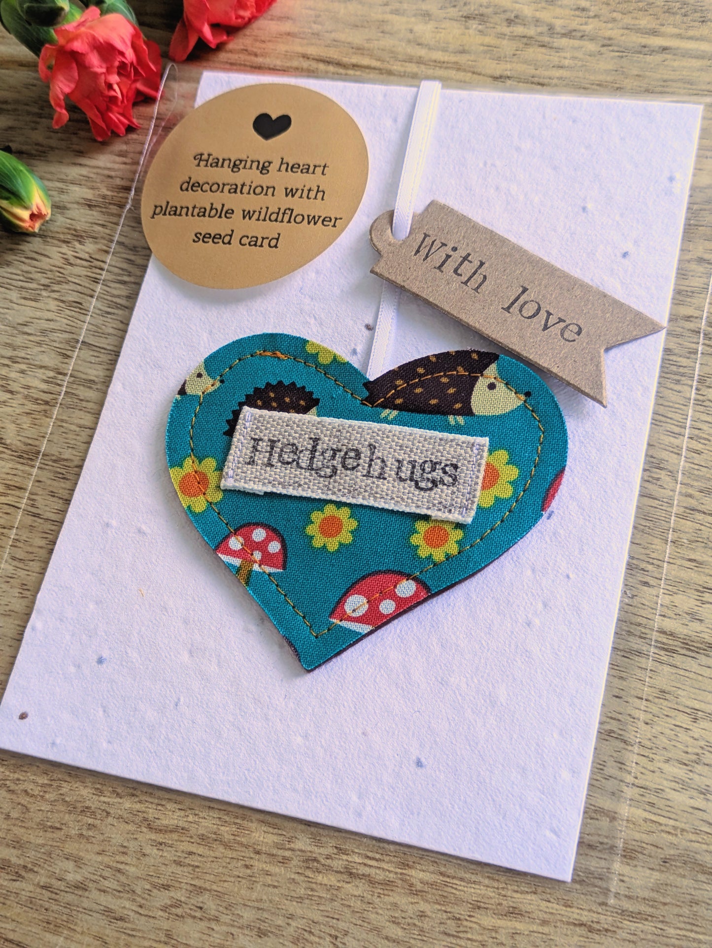 'Hedgehugs' Hanging Heart Decoration with Plantable Wildflower Seed Backing Card