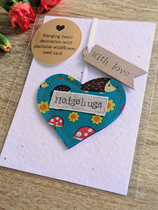 'Hedgehugs' Hanging Heart Decoration with Plantable Wildflower Seed Backing Card