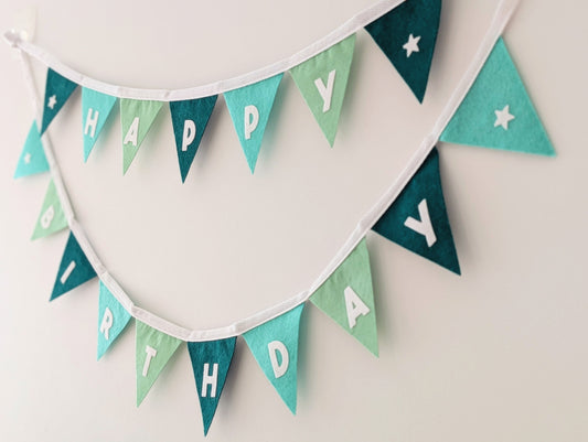 Felt Happy Birthday Bunting in Sea Greens - Smaller Size, Two Tiers