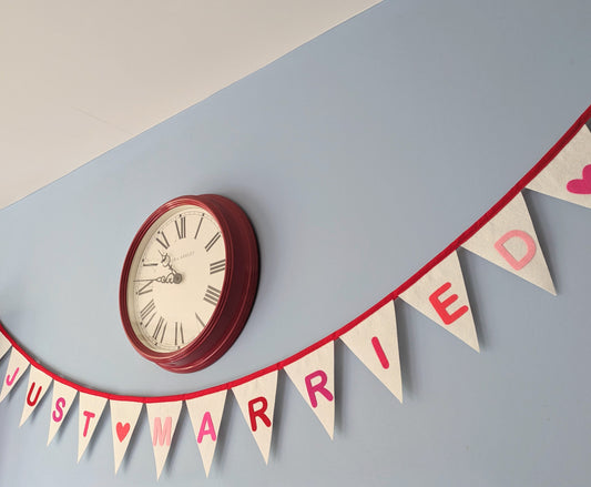 Just Married Felt Bunting - Wedding Banner in Pinks, Red and Ivory