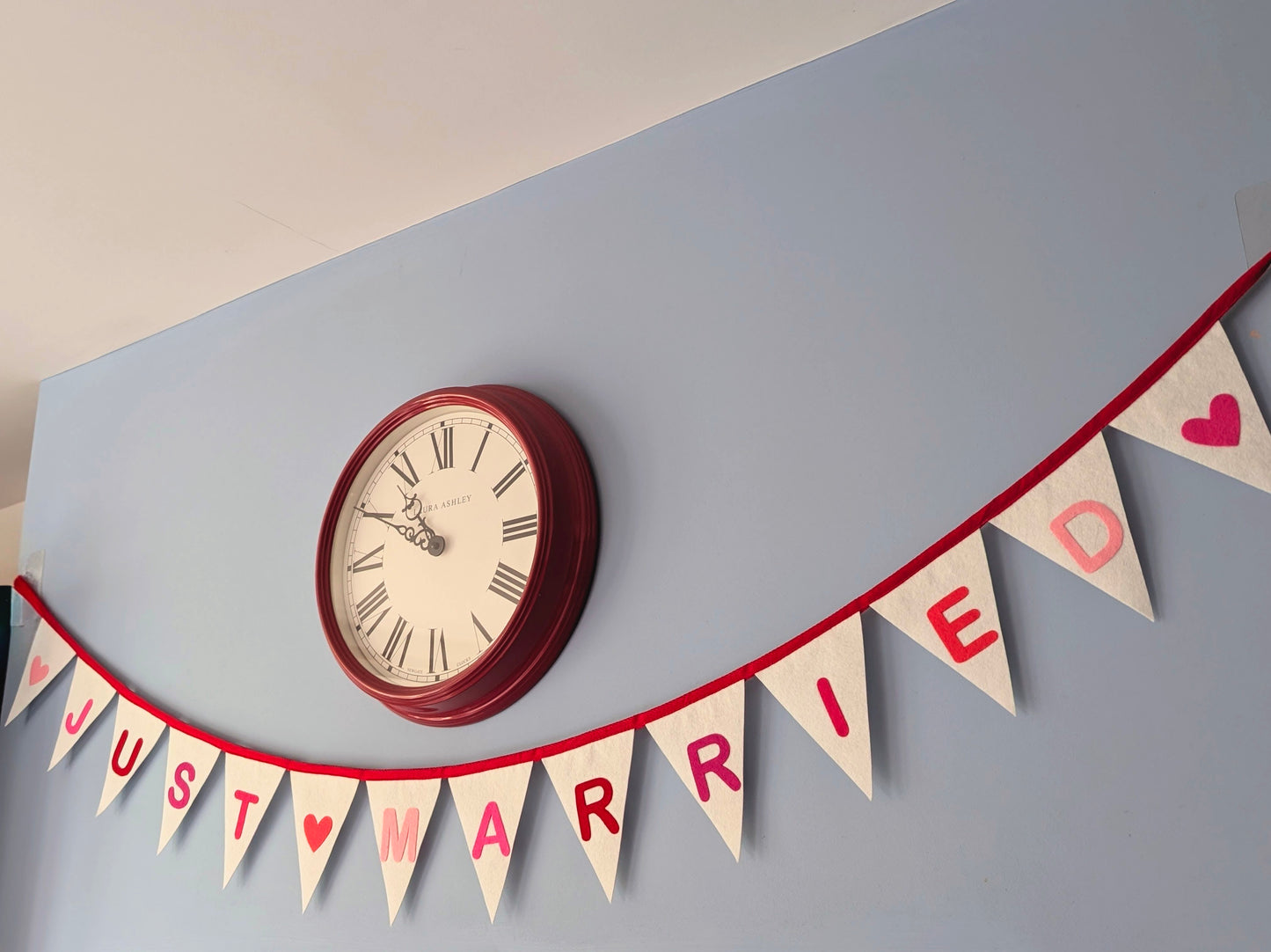 Just Married Felt Bunting - Wedding Banner in Pinks, Red and Ivory
