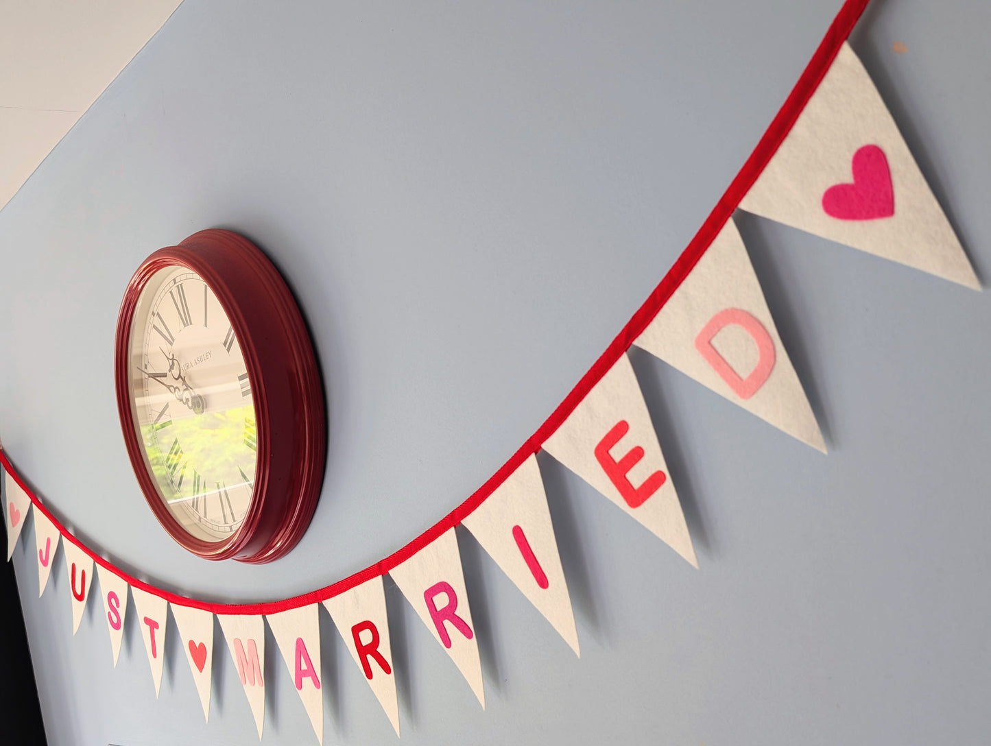 Just Married Felt Bunting - Wedding Banner in Pinks, Red and Ivory