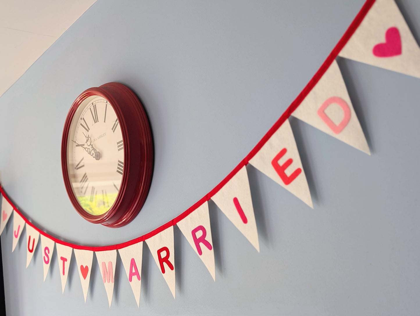 Just Married Felt Bunting - Wedding Banner in Pinks, Red and Ivory