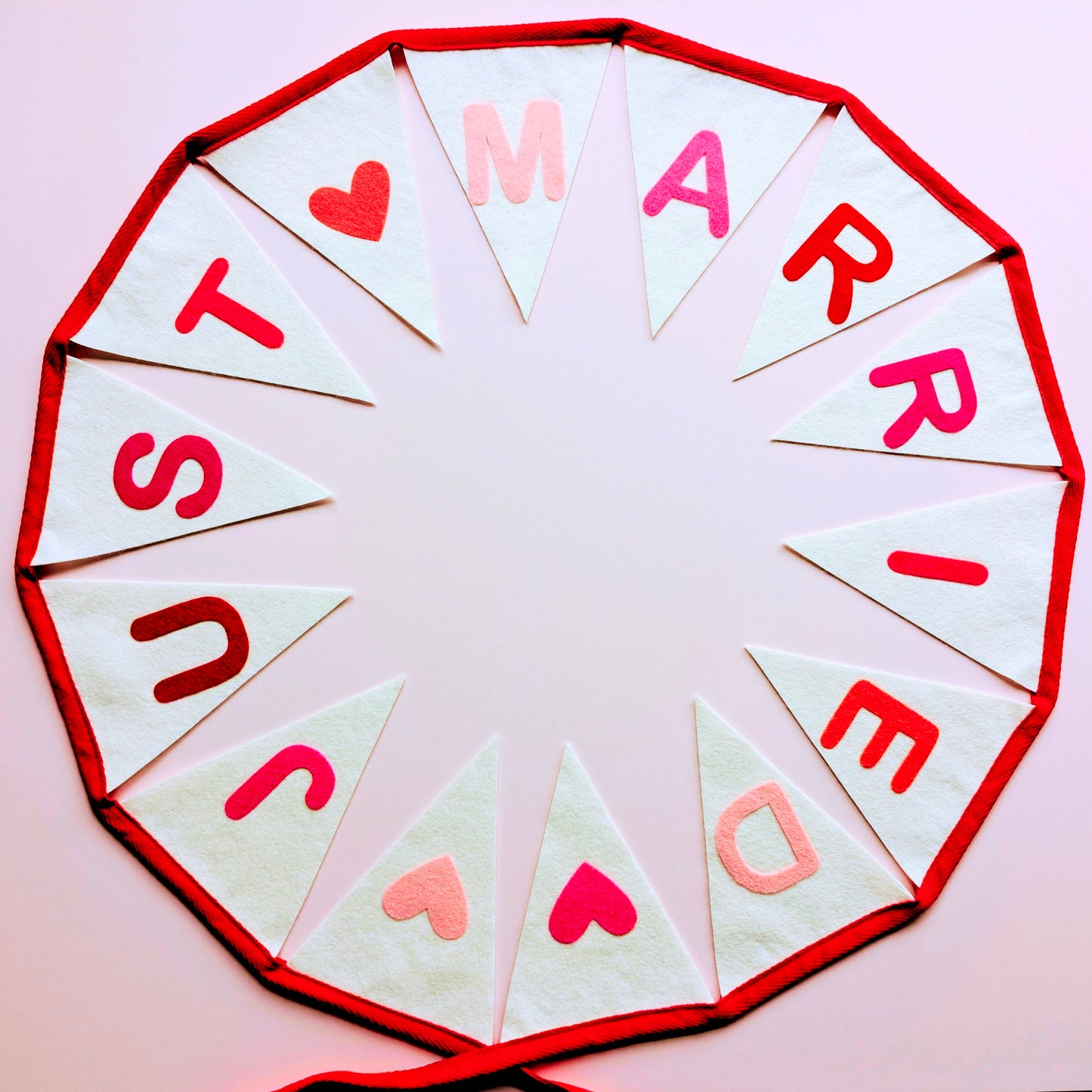 Just Married Felt Bunting - Wedding Banner in Pinks, Red and Ivory