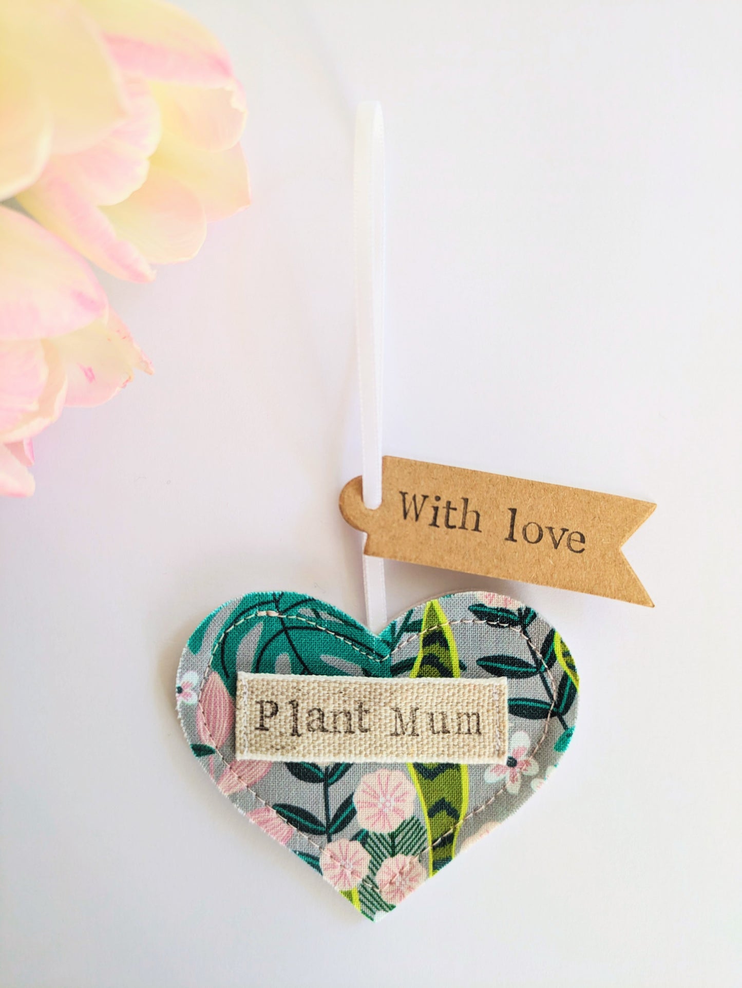 'Plant mum' hanging heart decoration with recycled plantable wildflower seed backing card