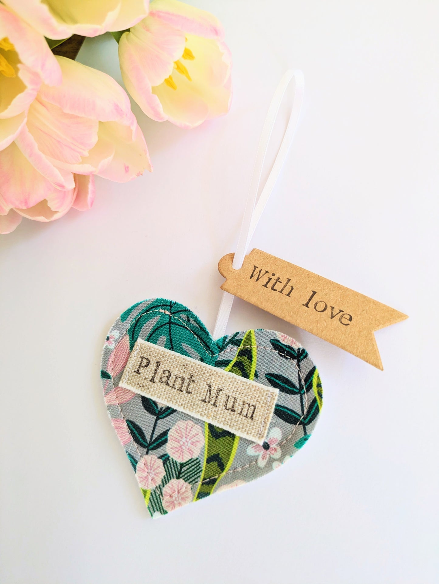 'Plant mum' hanging heart decoration with recycled plantable wildflower seed backing card
