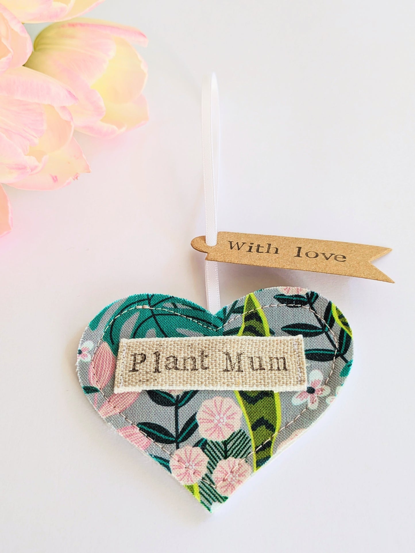 'Plant mum' hanging heart decoration with recycled plantable wildflower seed backing card