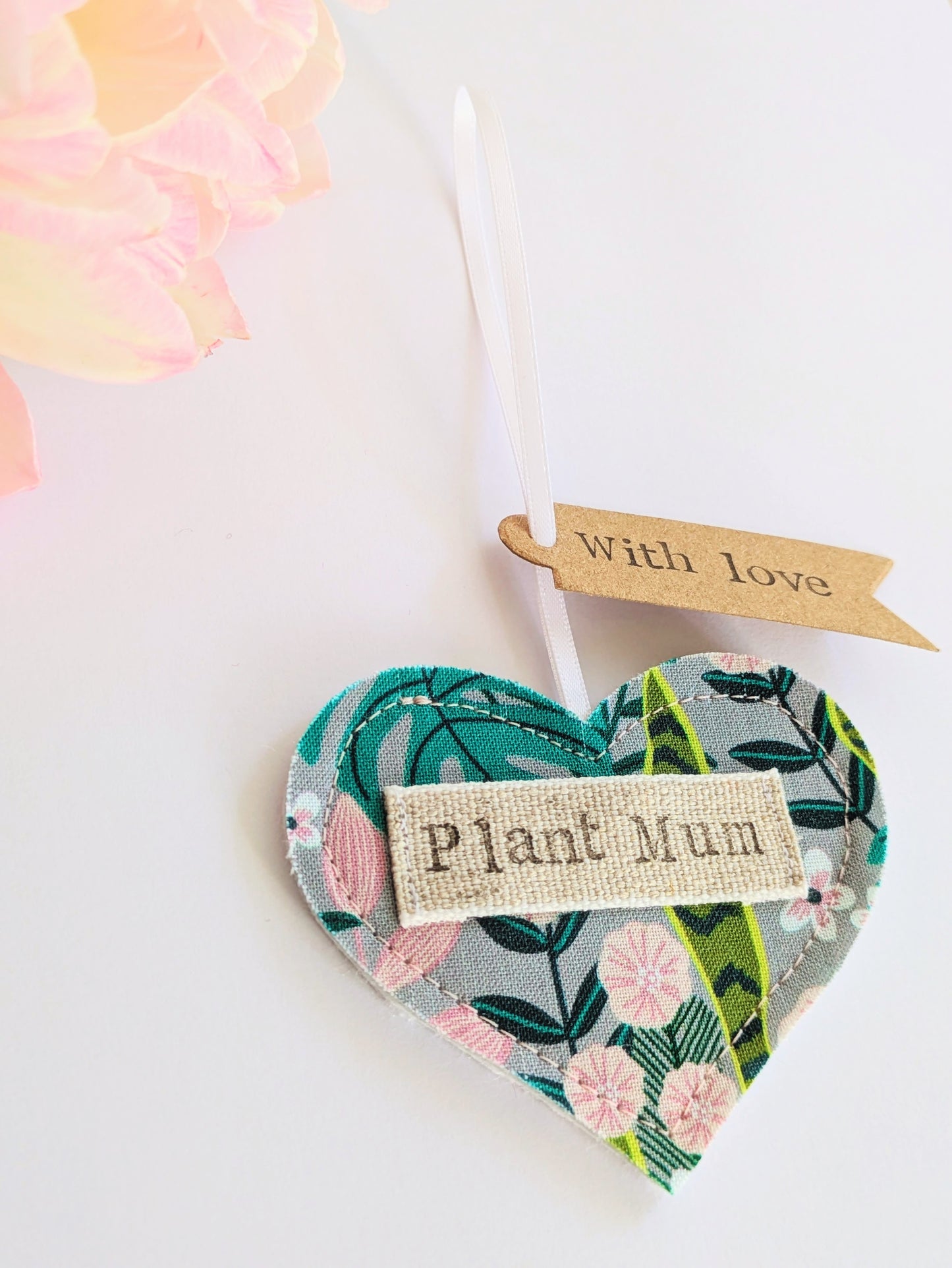 'Plant mum' hanging heart decoration with recycled plantable wildflower seed backing card