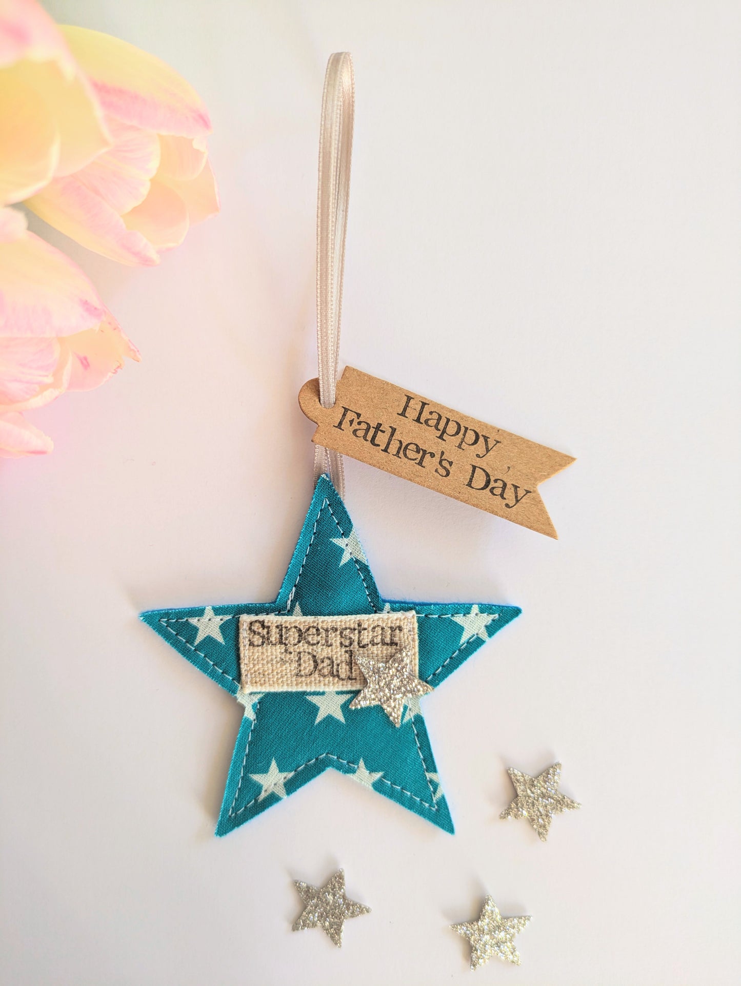 'Superstar Dad' hanging star decoration with recycled plantable wildflower seed backing card