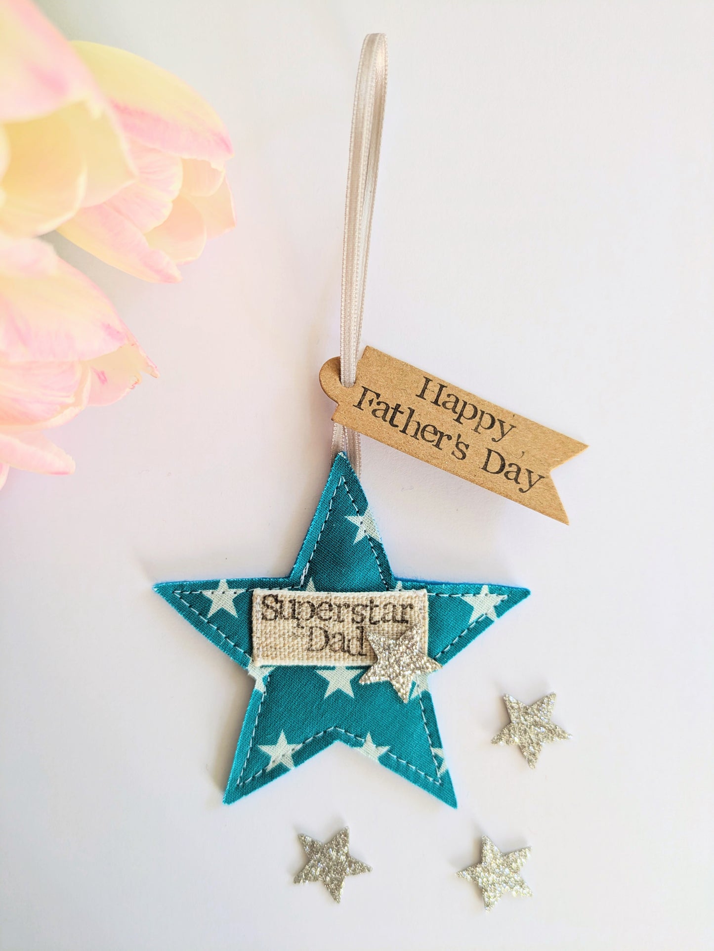 'Superstar Dad' hanging star decoration with recycled plantable wildflower seed backing card