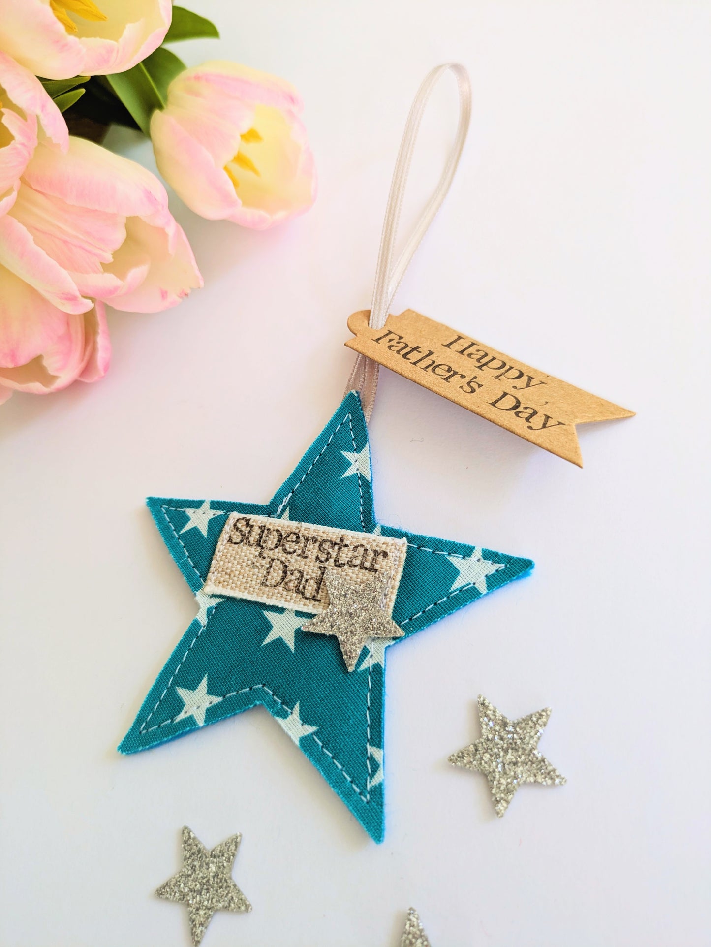 'Superstar Dad' hanging star decoration with recycled plantable wildflower seed backing card