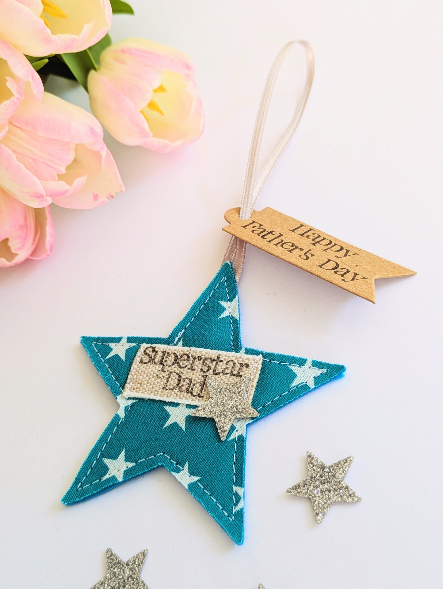 'Superstar Dad' hanging star decoration with recycled plantable wildflower seed backing card