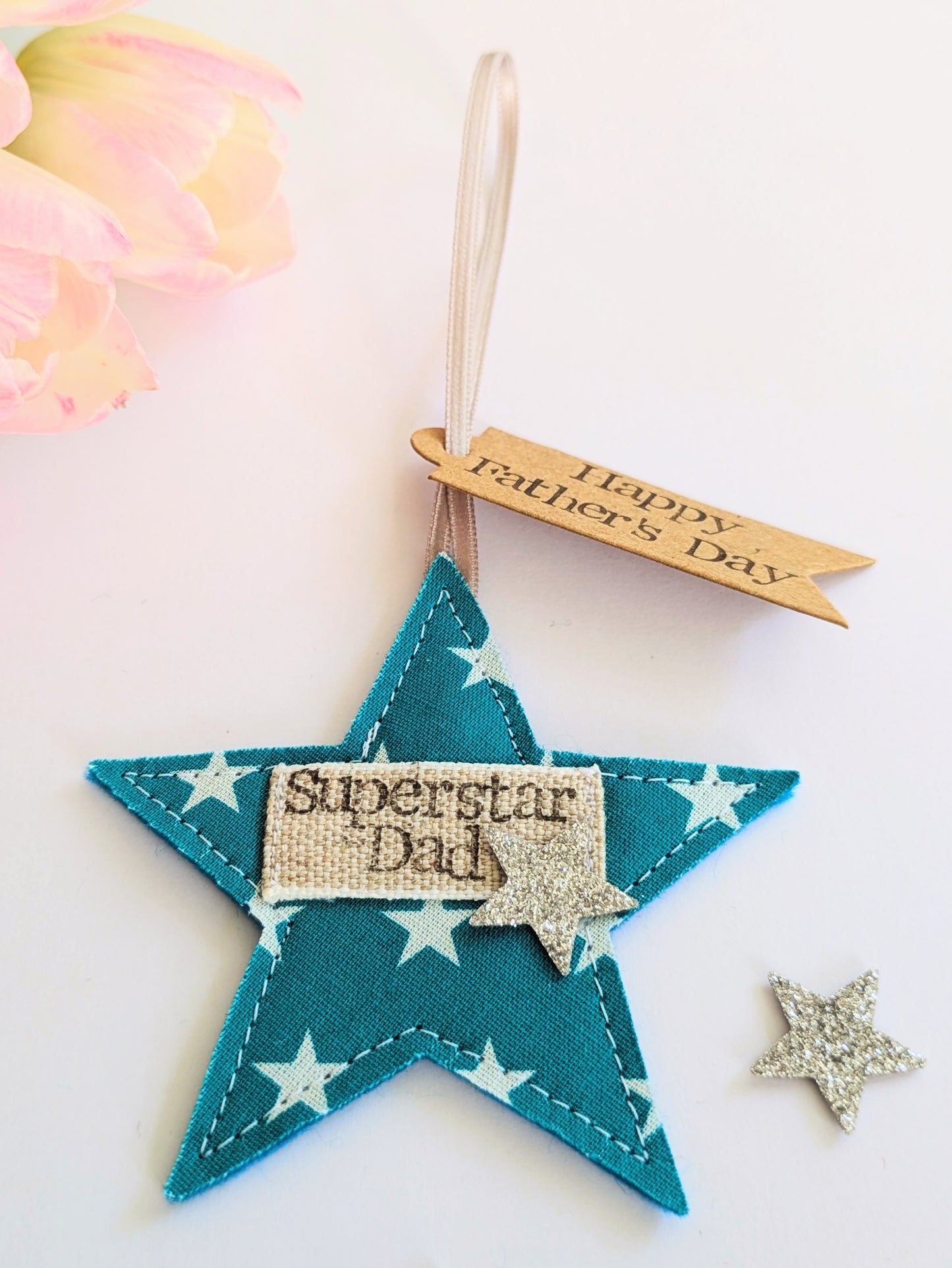 'Superstar Dad' hanging star decoration with recycled plantable wildflower seed backing card