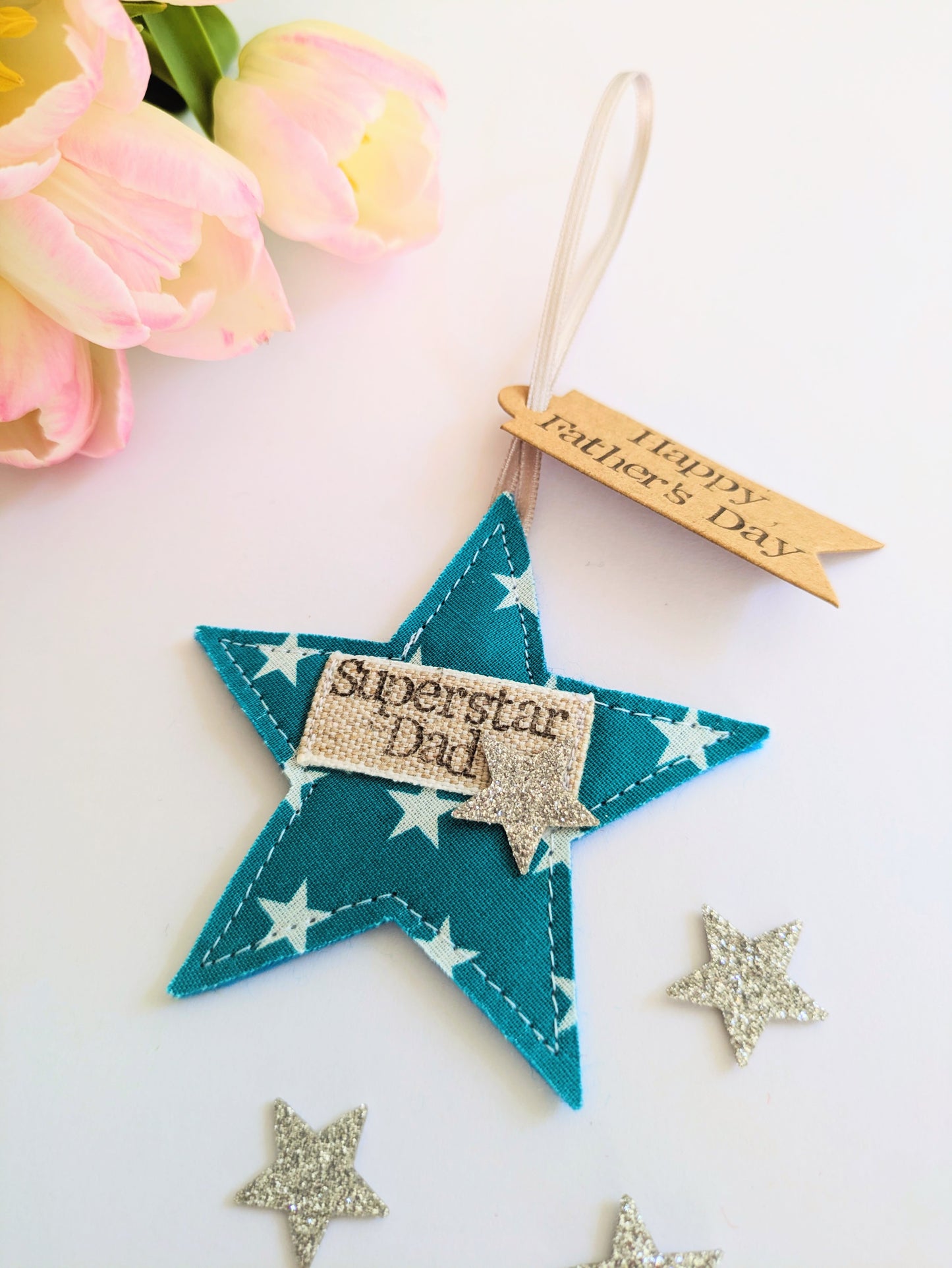 'Superstar Dad' hanging star decoration with recycled plantable wildflower seed backing card