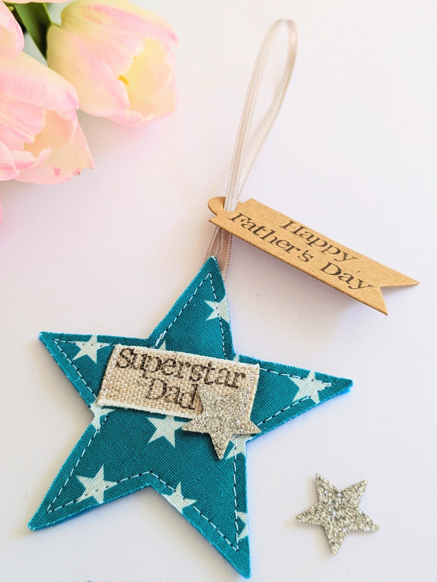 'Superstar Dad' hanging star decoration with recycled plantable wildflower seed backing card