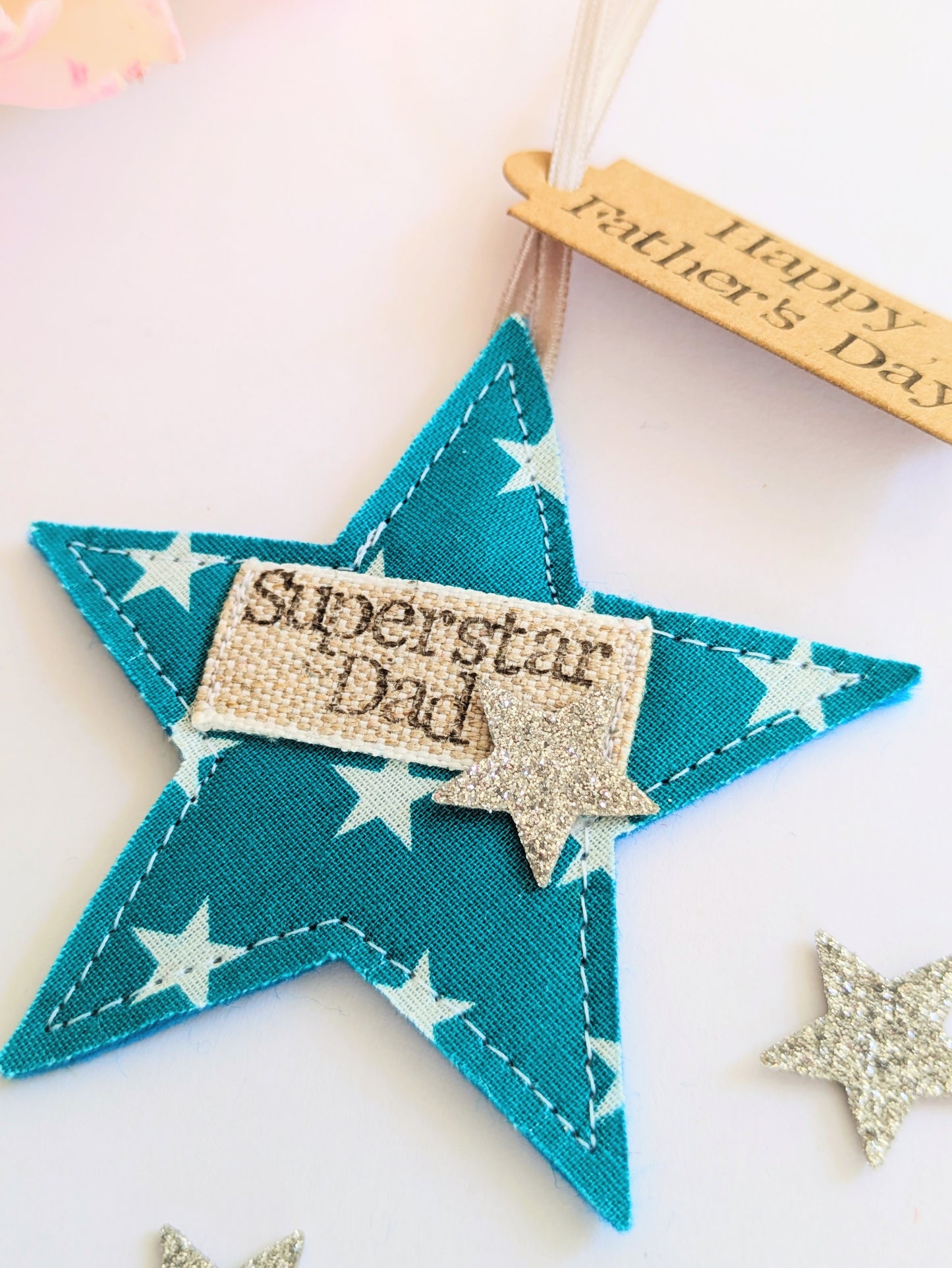 'Superstar Dad' hanging star decoration with recycled plantable wildflower seed backing card