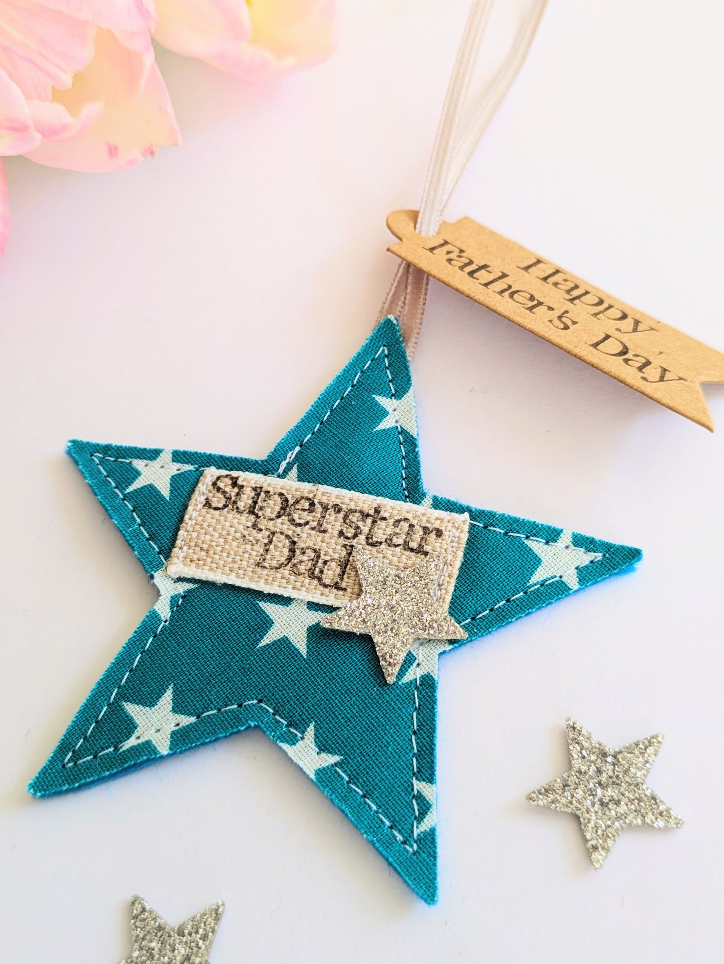 'Superstar Dad' hanging star decoration with recycled plantable wildflower seed backing card