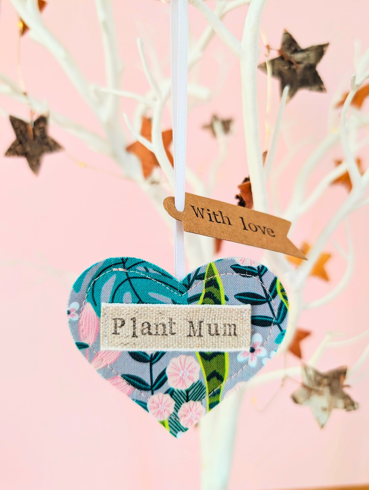 'Plant mum' hanging heart decoration with recycled plantable wildflower seed backing card